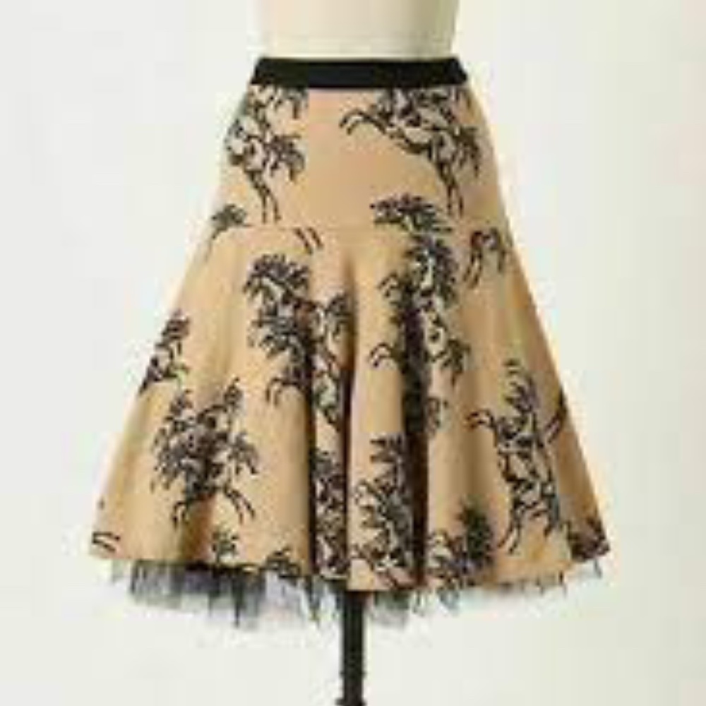 Anthropologie Beige A-Line Skirt with Black Floral Print